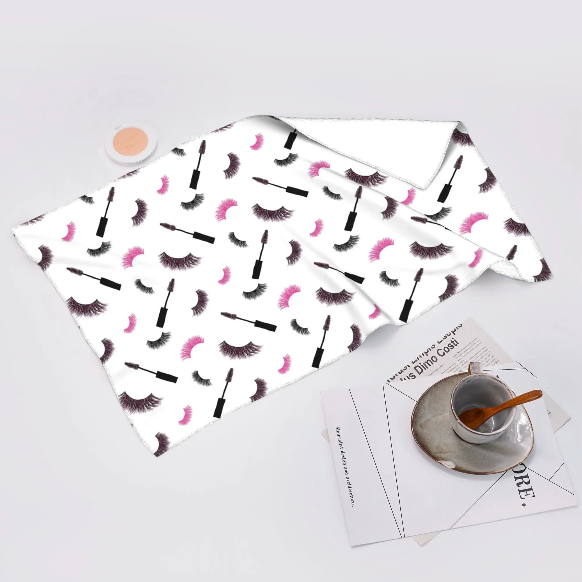 Ciglia finte personalizzate e mascara con glitter rosa, asciugamano viso morbido ad asciugatura rapida, asciugamani in cotone traspiranti per piscina e bagno