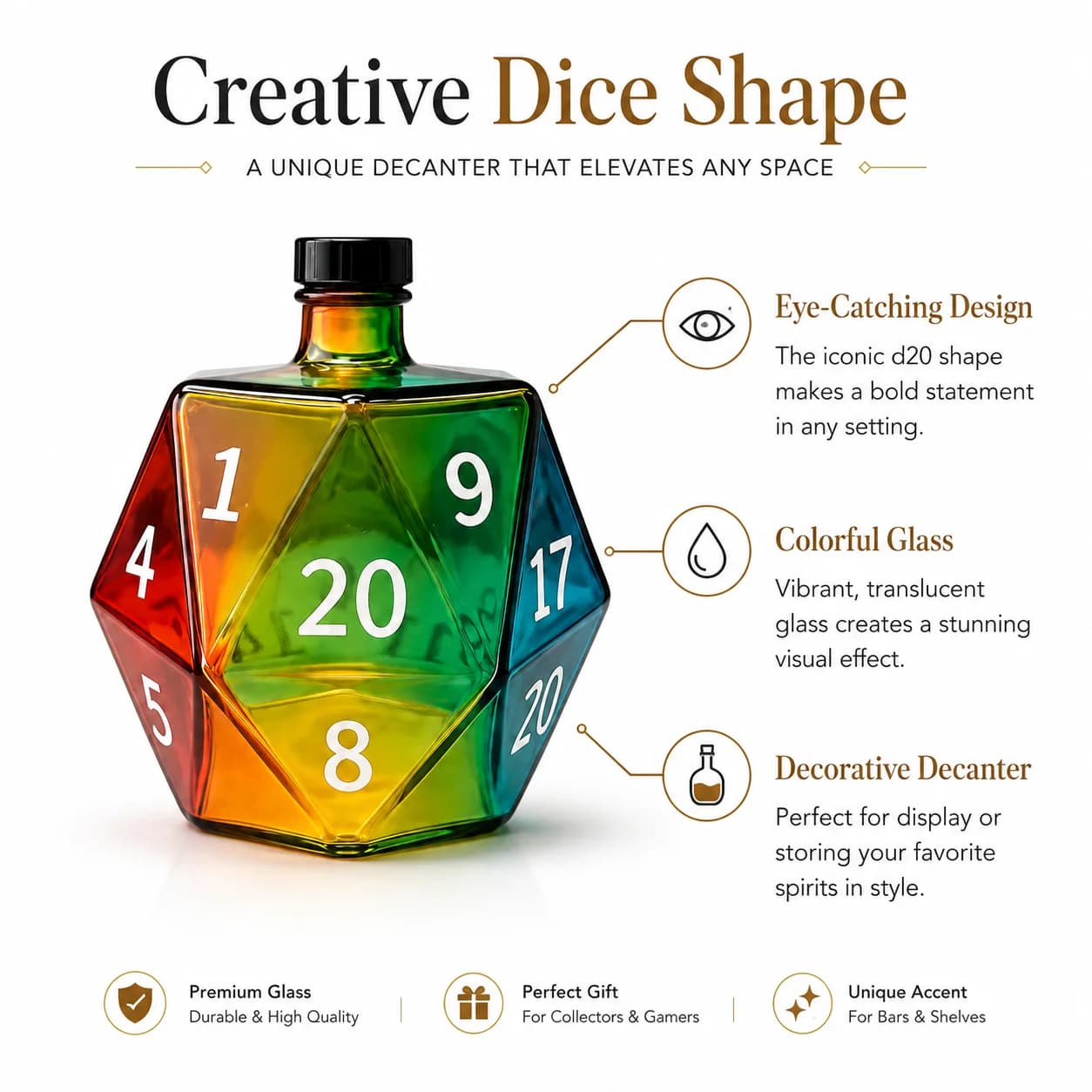 Whiskey Decanter D20 Dice Rainbow Gradient Glass Wine Carafe for Liquor Wine Scotch Bourbon Unique Bar Home Decor for DnD Fans
