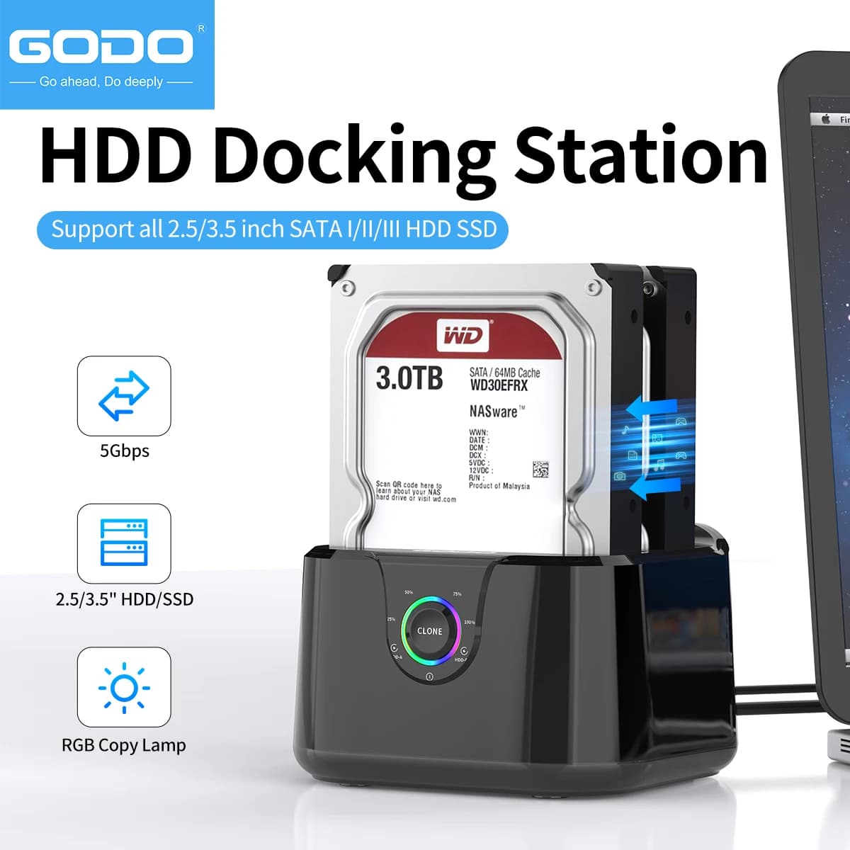 Docking station per disco rigido GODO a USB 3.0, dock per disco rigido a doppia baia per HDD/SSD SATA da 2,5/3,5 pollici con indicatore LED