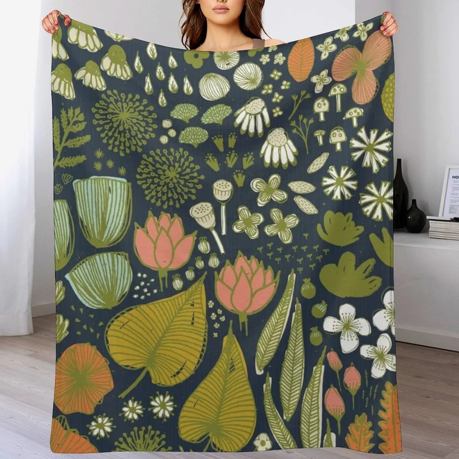 Botanical Sketchbook M+M Navy by Friztin Throw Blanket Fade Resistant Durable Throw Blanket