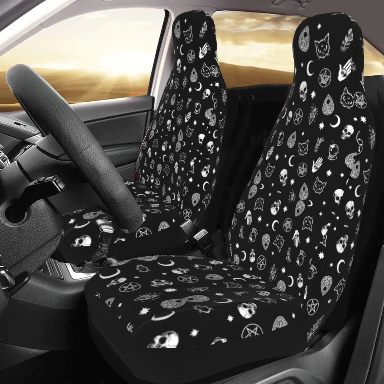 Protection kit for car seat cover with Halloween print, witch skull, moon and cat, 2-piece set, non-slip interior accessories