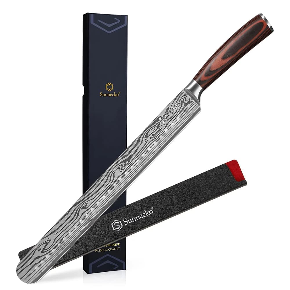 Sunnecko Coltello per affettare il petto del chef Coltello da taglio per prosciutto da 12 pollici in acciaio inossidabile ad alto tenore di carbonio con fodero Manico ergonomico in pakkawood