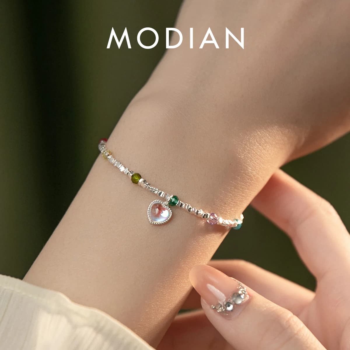MODIAN 925 Sterling Silver Arcobaleno Colore Perline di cristallo Bracciale Fascino Cuore Pietra di luna Braccialetti a catena a maglia per gioielli da donna