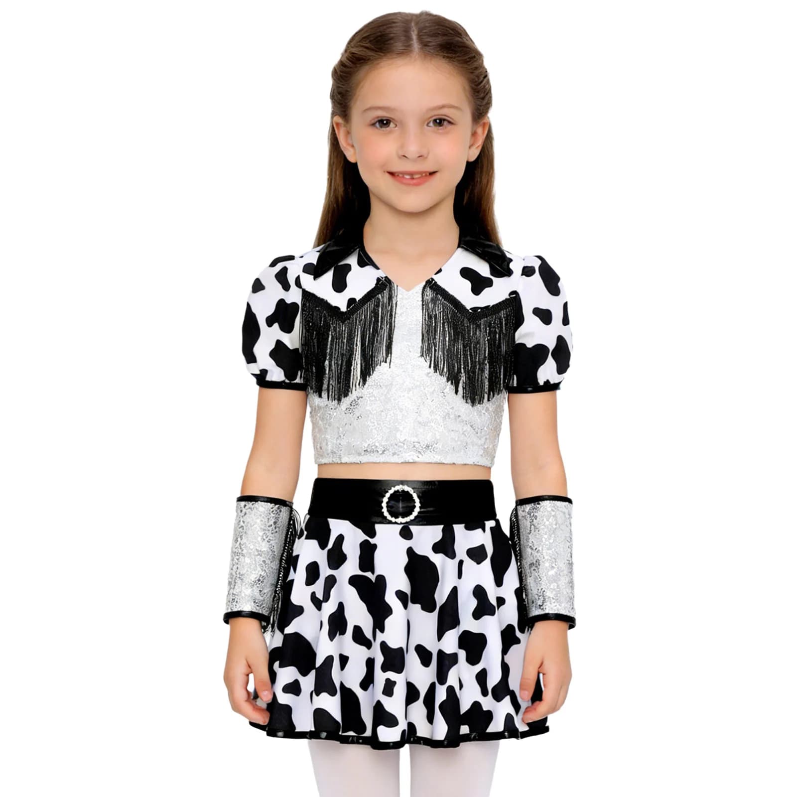 3 pezzi Halloween Western Cowgirls Cosplay Top corto con frange con anello con fibbia in strass Pantaloncini Gonna e polsini da polso con nappa Set