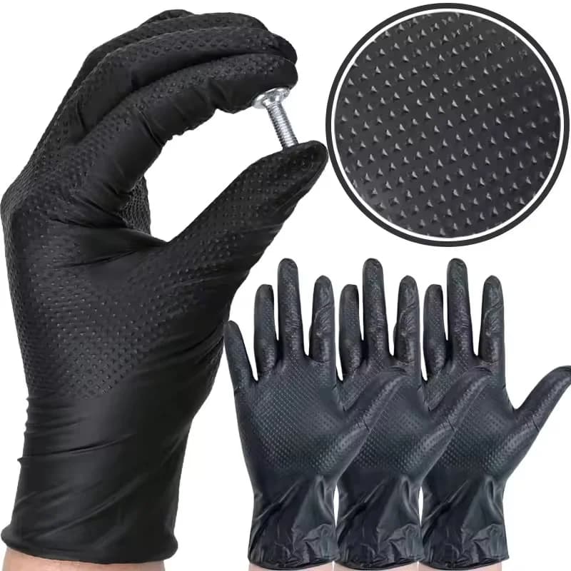 Guanti monouso industriali in nitrile nero resistente da 8 milioni con guanti automatici per tatuaggi meccanici testurizzati con diamanti senza lattice