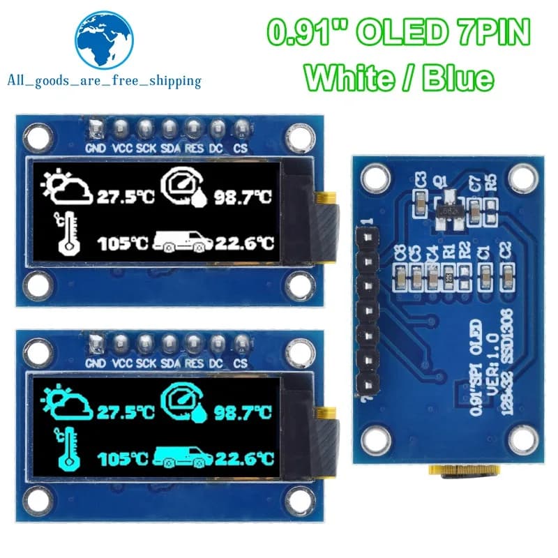 1/3 pz SSD1306 7PIN 0.91 pollici 128x32 SPI Modulo OLED 0.91 "Modulo Display OLED Bianco Blu Scheda Schermo OLED Per Arduino