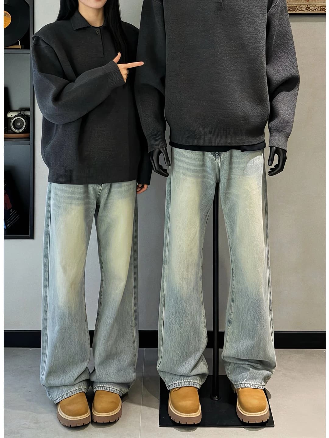 Jeans da Uomo Invernali Blu Chiaro con Fodera in Pile, Vita Alta, Pieghe a Coltello, Gamba Dritta Larga, Stile Cleanfit Casual
