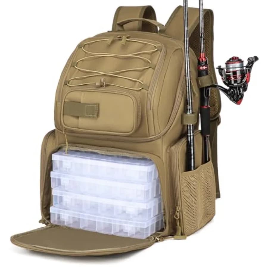 Zaino da Pesca con Scatole Porta Attrezzi, Borsa da Pesca 50L con Scomparto Refrigerante e Portacanne, Borsa Impermeabile per Attrezzatura da Pesca per Uomo