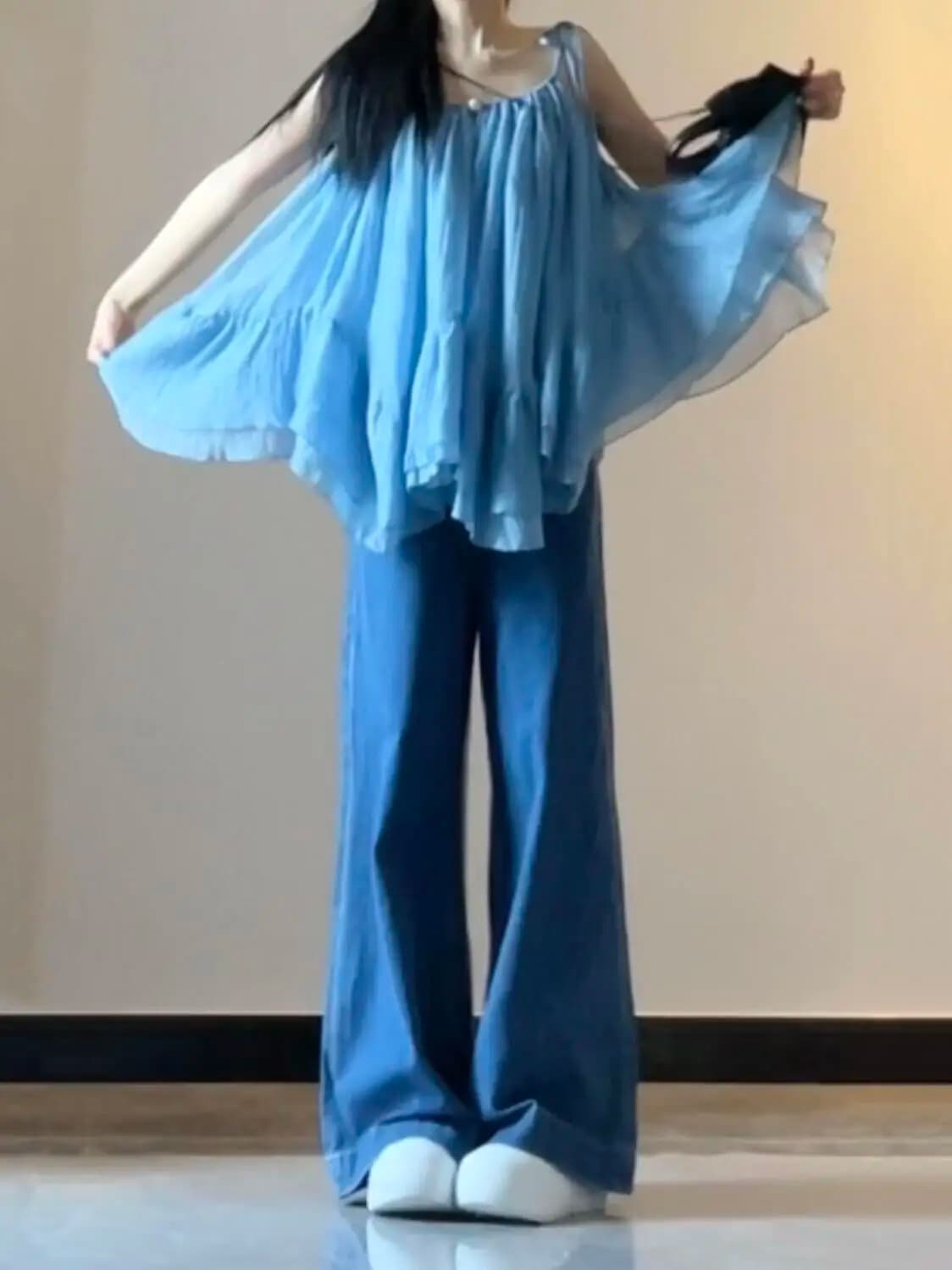 Blue High Waist Wide Leg Flared Denim Jeans Women Summer Thin Small Loose Slimming Drapey Floor Length Pants