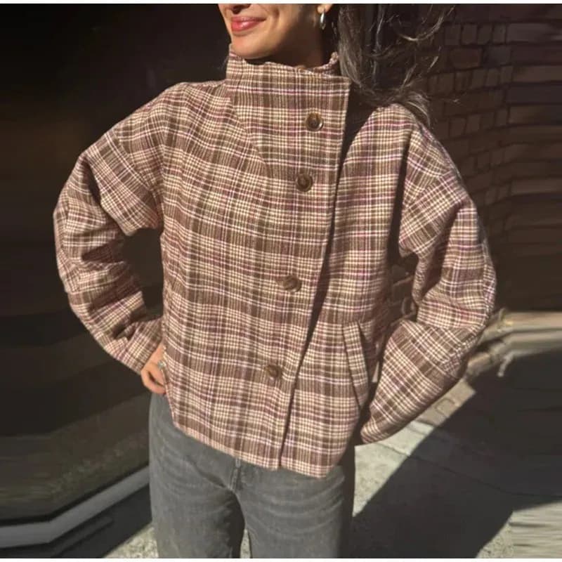 Plaid Coat Stand Collar Cropped Asymmetric Diagonal Buttons Fashion Vintage Short Jacket Autumn Winter Outerwear