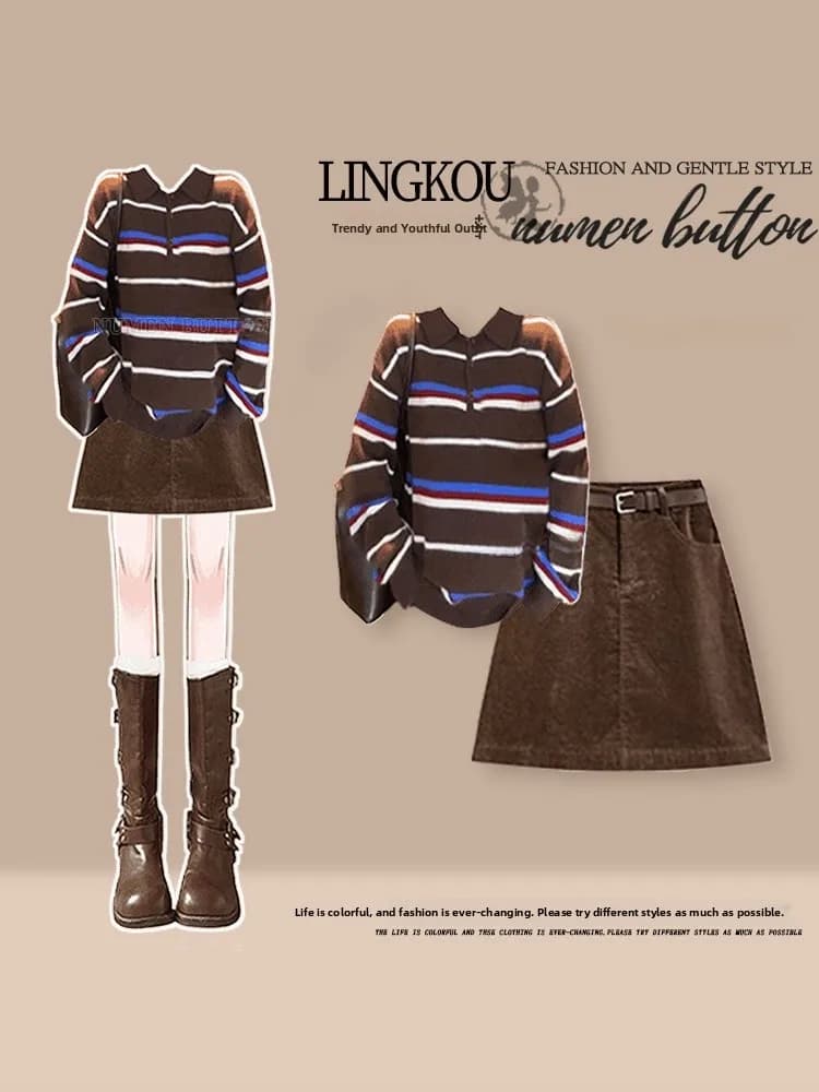 Fashionable Knitted Sweater And Retro Denim Short Skirt Set for Women Stripe Color Block Design Autumn Collection High Waist