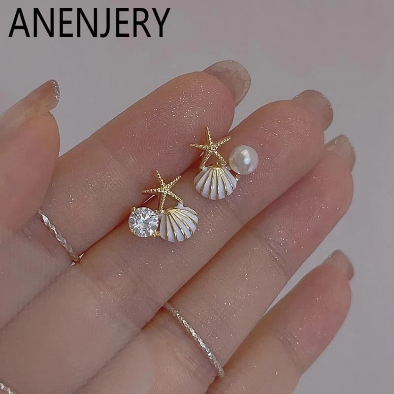 ANENJERY Starfish Shell Zircon Earrings for Women Temperament Summer Holiday Niche Luxury Design Jewelry Gifts Wholesale Party