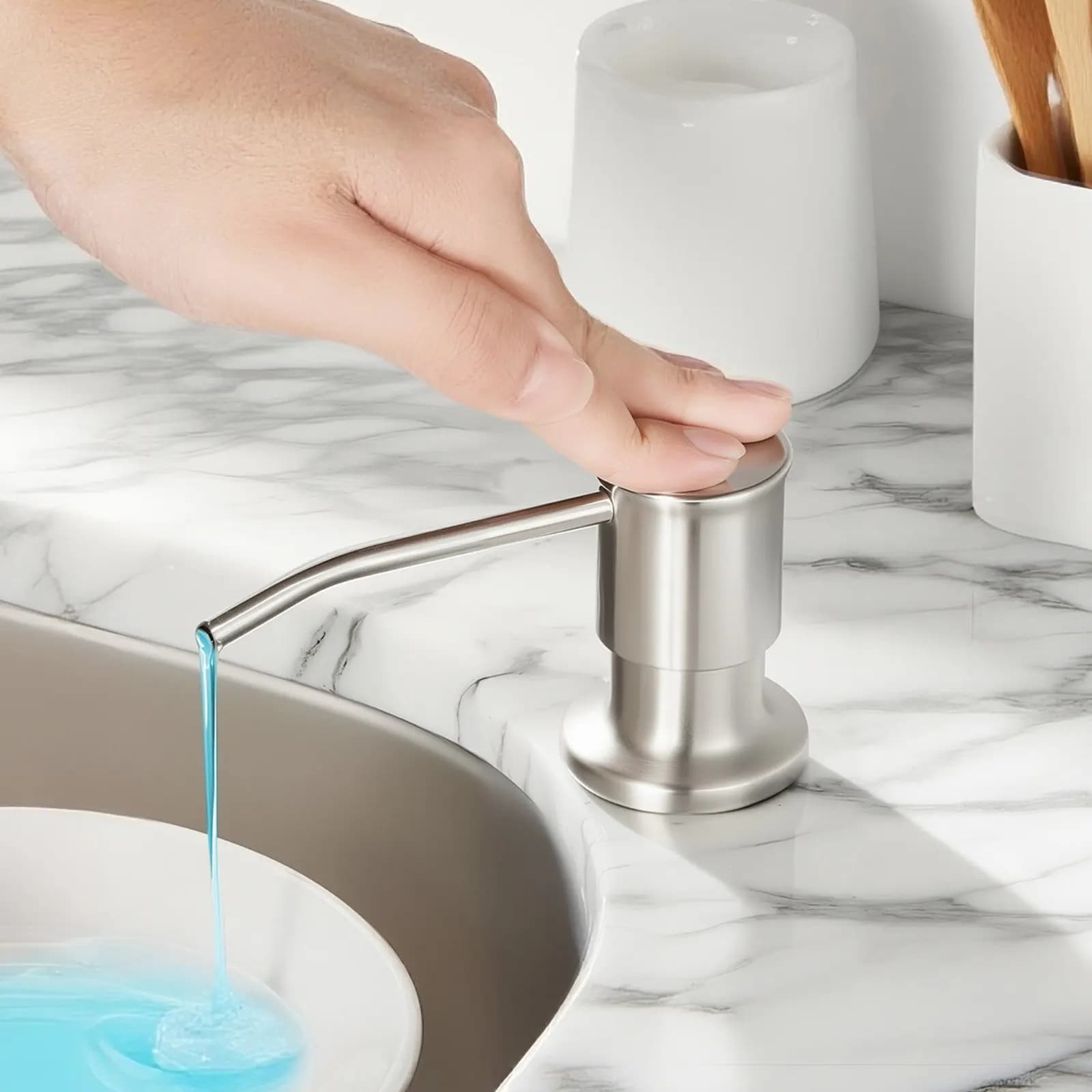 Dispenser di sapone integrato per lavello da cucina con pompa da appoggio in acciaio inossidabile