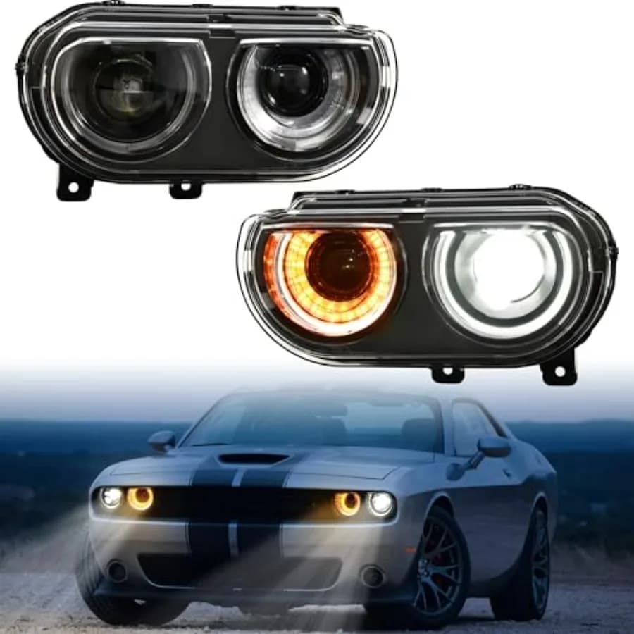 Fari LED per Dodge 2008-2014, Accessori con Proiettore LED Completo, Luce Diurna Bianca Halo, Abbaglianti/Anabbaglianti, Indicatore di Direzione Ambra