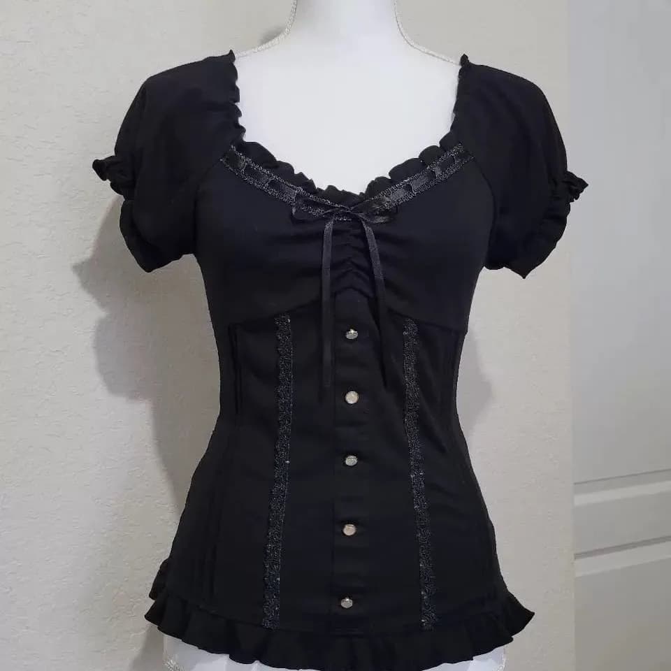 Giapponese anni 2000 Y2k Punk Camicia Vintage Estate Dolce Arco T-shirt da donna Harajuku Estetica Hot Girl Tees Manica a sbuffo Vestiti Goth