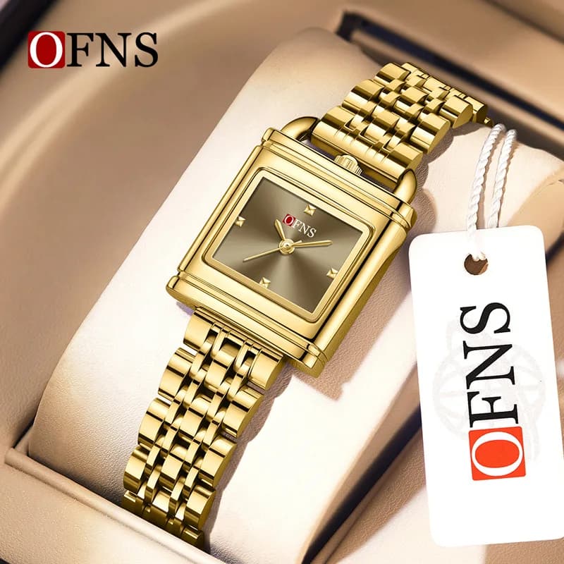 OFNS Women's Watch Solid Steel Belt Square Lock Women's Watch Waterproof Commuter Retro Temperament Live Quartz Watch