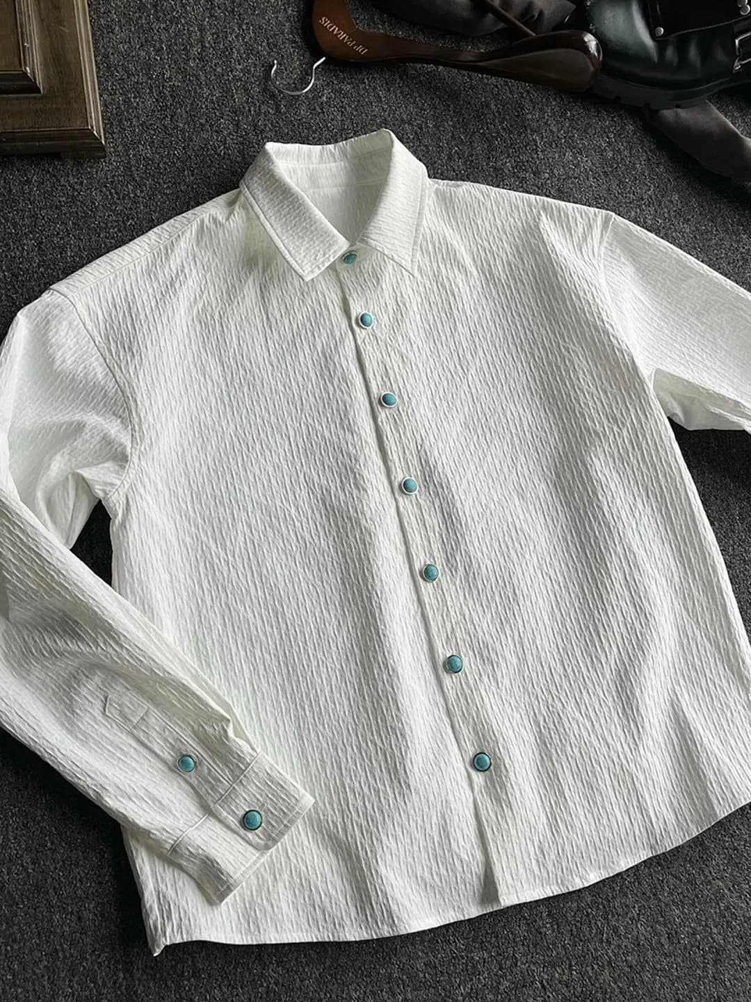 Turquoise Texture Long Sleeve Shirt Men Women Spring Autumn American Fold Old Money CleanFit Shirt Jacket Trendy Polyester Fi...