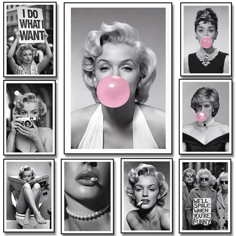 Black and White sexy woman smoking Hepburn Pink Bubble Gum poster canvas painting print for living room home decoration