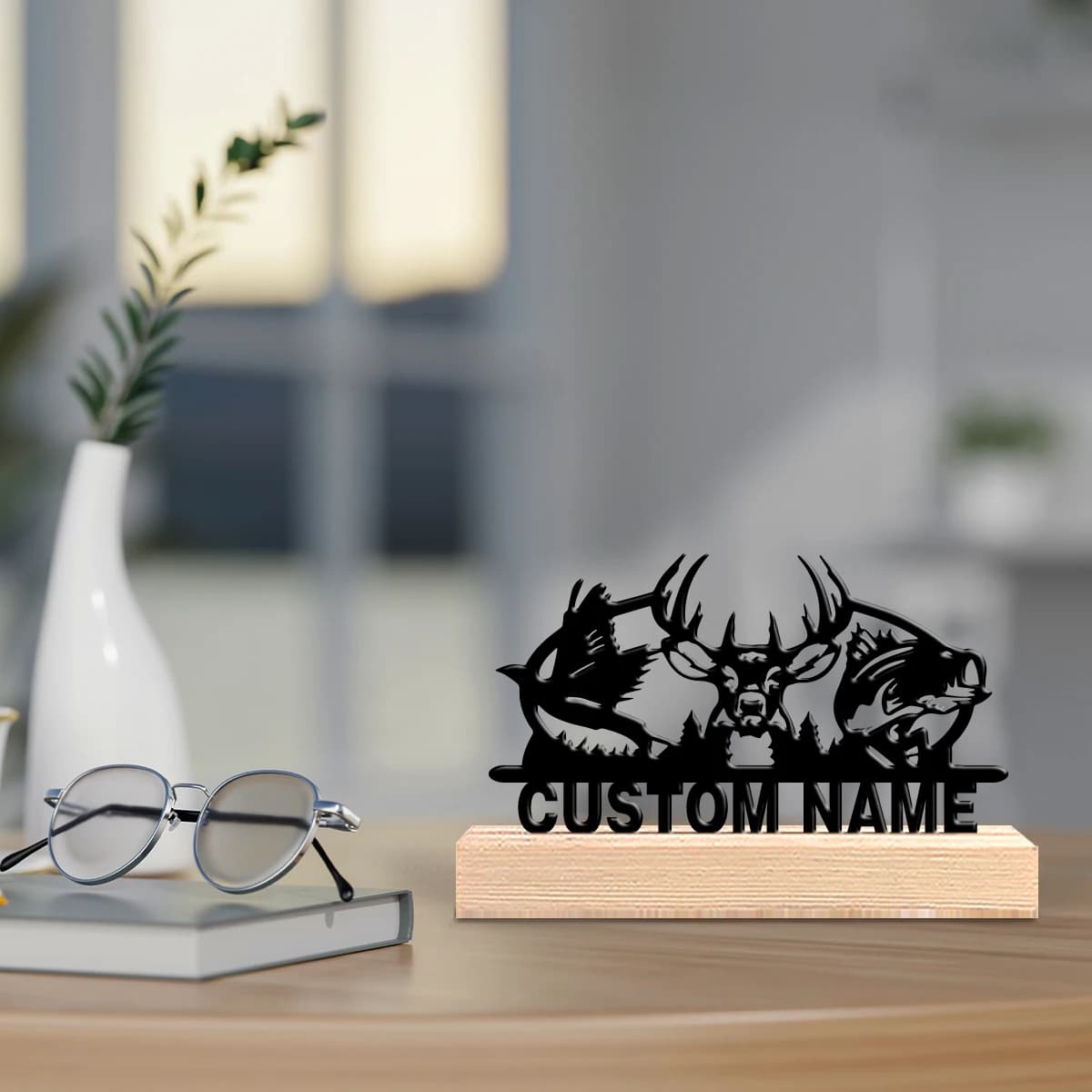 Custom metal statue with deer, fish and birds, with wooden base, table decoration, gift for artists