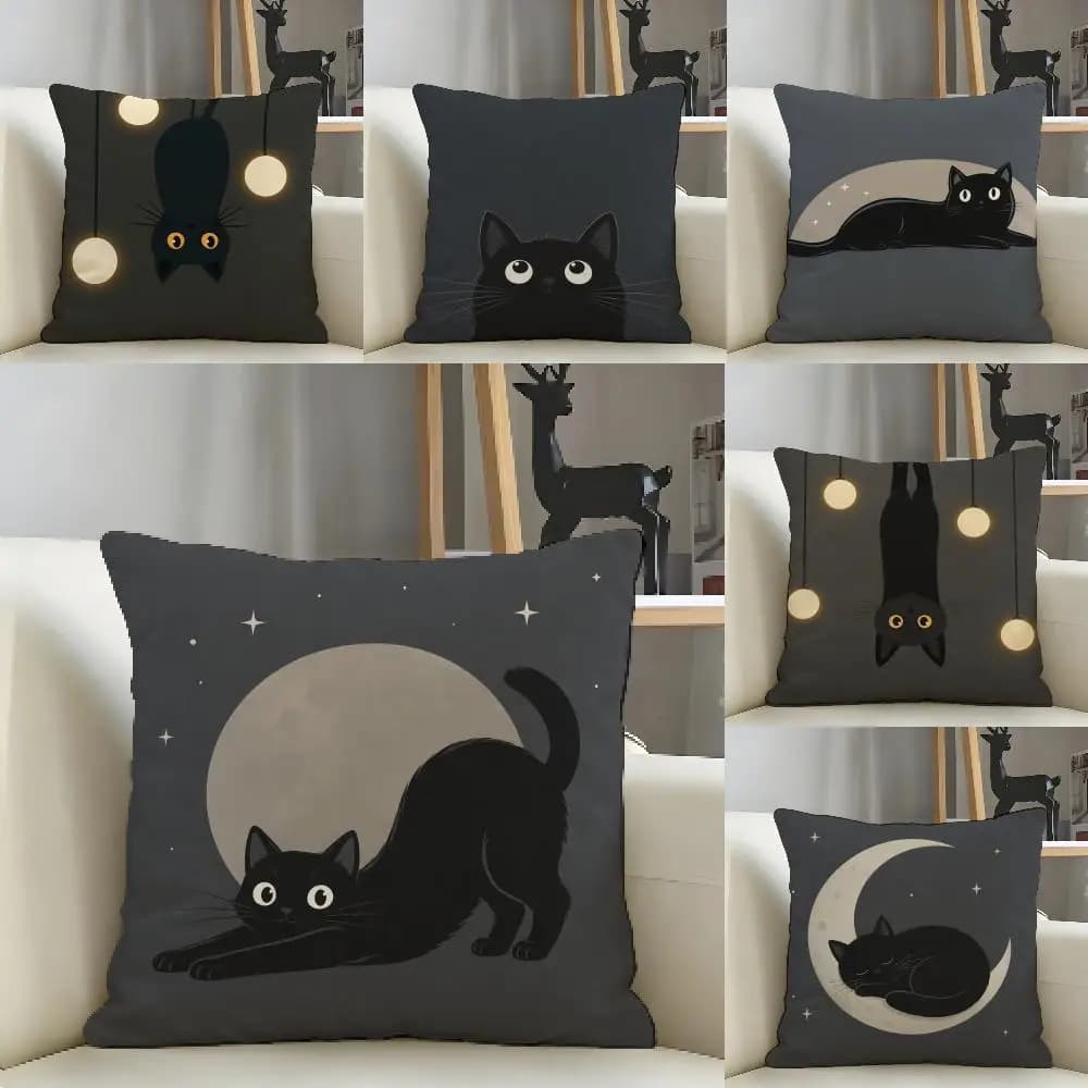 Bohemian Style Charming Black Cat Cushion Cover Natural Linen Pillow Case Organic Fabric Double Sided Print Sofa Home Decor Gift