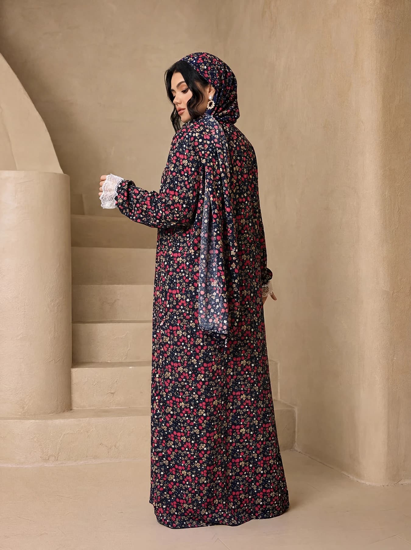 Ditsy Floral Open Abaya 3 Piece Set Matching Hijab, Lace Cuff Flare Sleeve Modest Maxi For Muslim Women Eid Daily Outfit