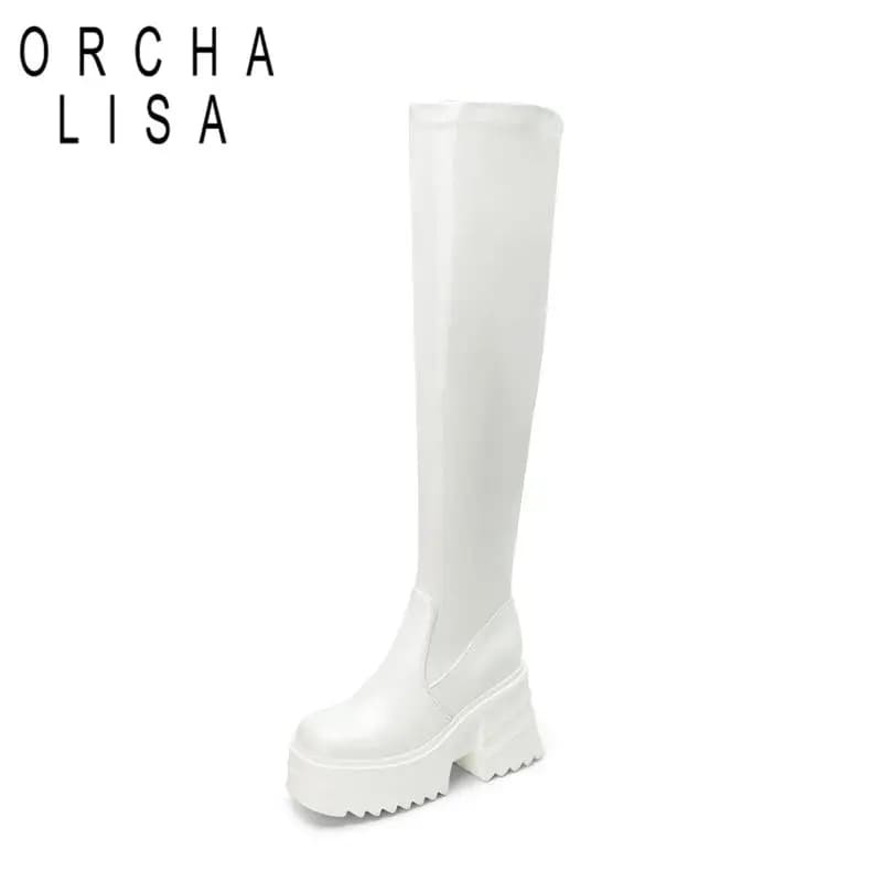 ORCHALISA New Patent Leather Women Thigh High Boots Chunky Heel 9cm Double Platform Zipper Plus Size 41 42 43 Sexy Party Booties
