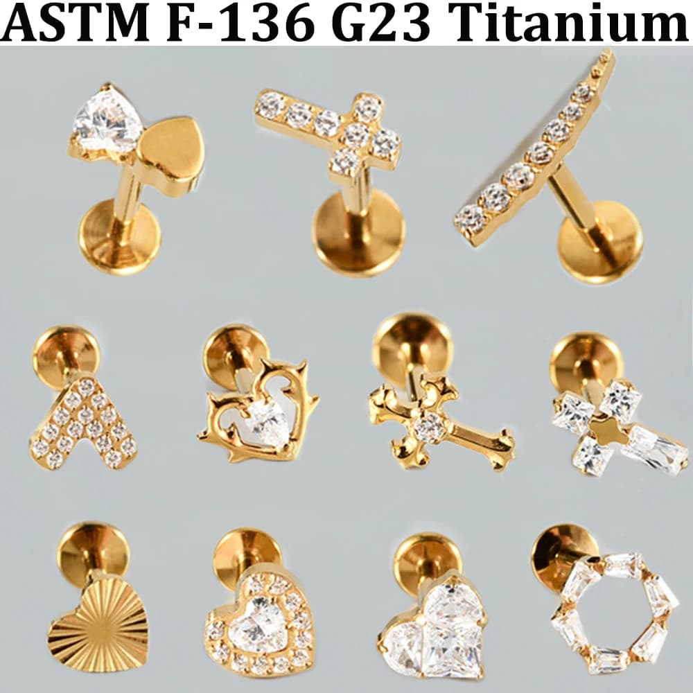 1PC CZ Cross Word Heart Labret Lip Stud F-136 Solid Titanium Flat Back Ear Cartilage Internal Thread Tragus Rook Earring 16g