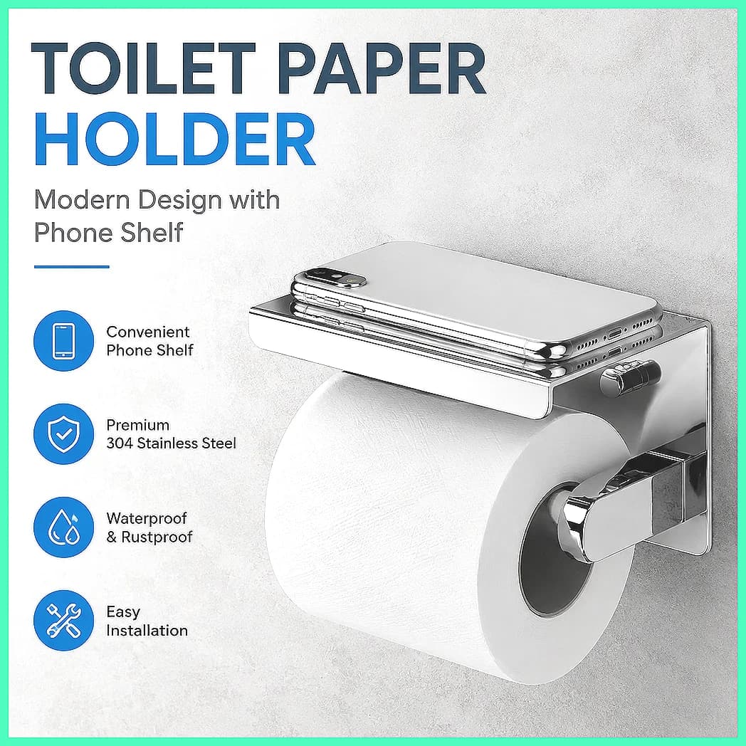 Stainless Steel No Drill Bathroom Paper Holder Wall Mount Toilet Roll Holder with Phone Shelf, Rustproof WC Paper Towel Rack