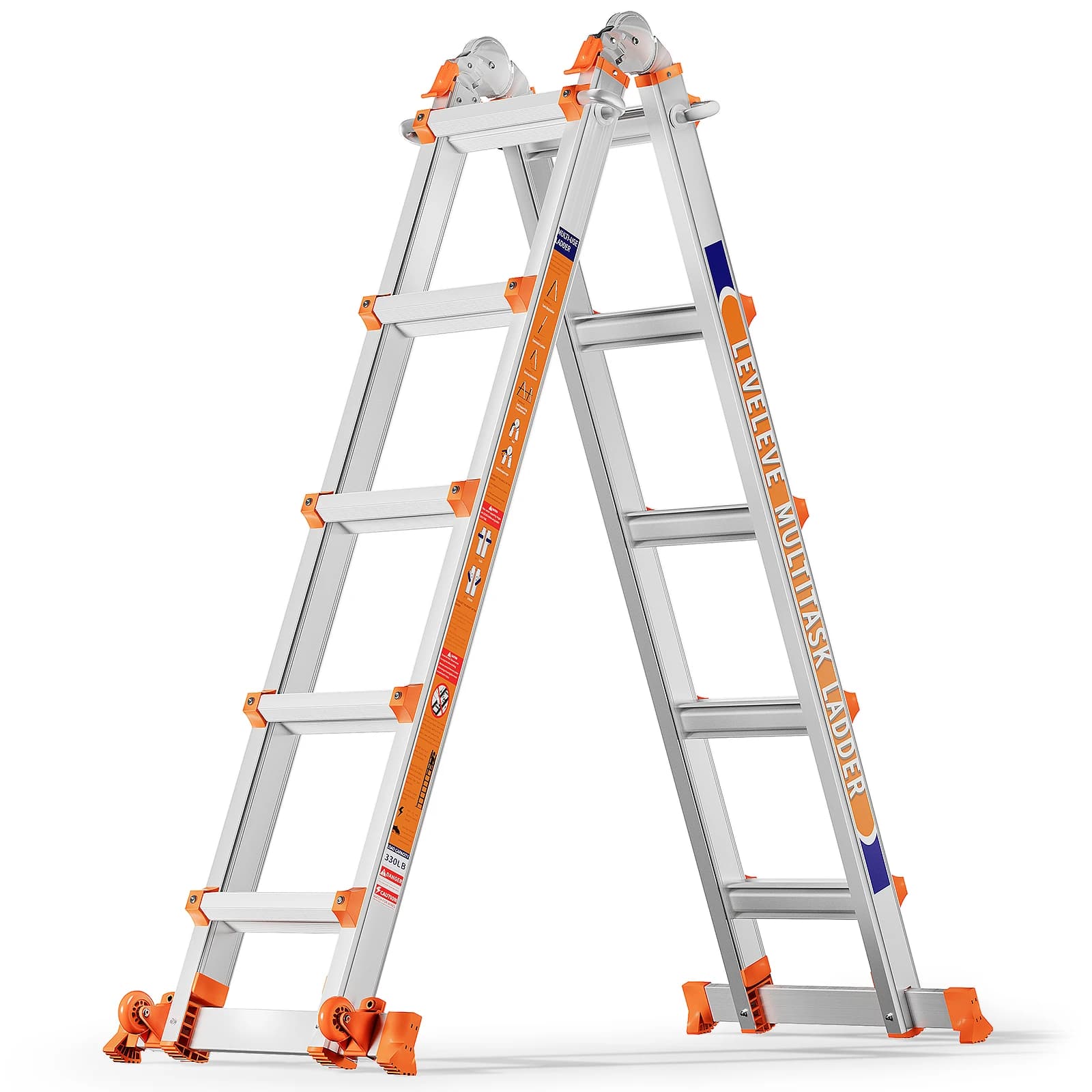 LEVELEVE Telescoping A Frame Ladder, 17FT Multi Position Ladder with Stabilizer Bar & Wheels,330 lbs Security Load