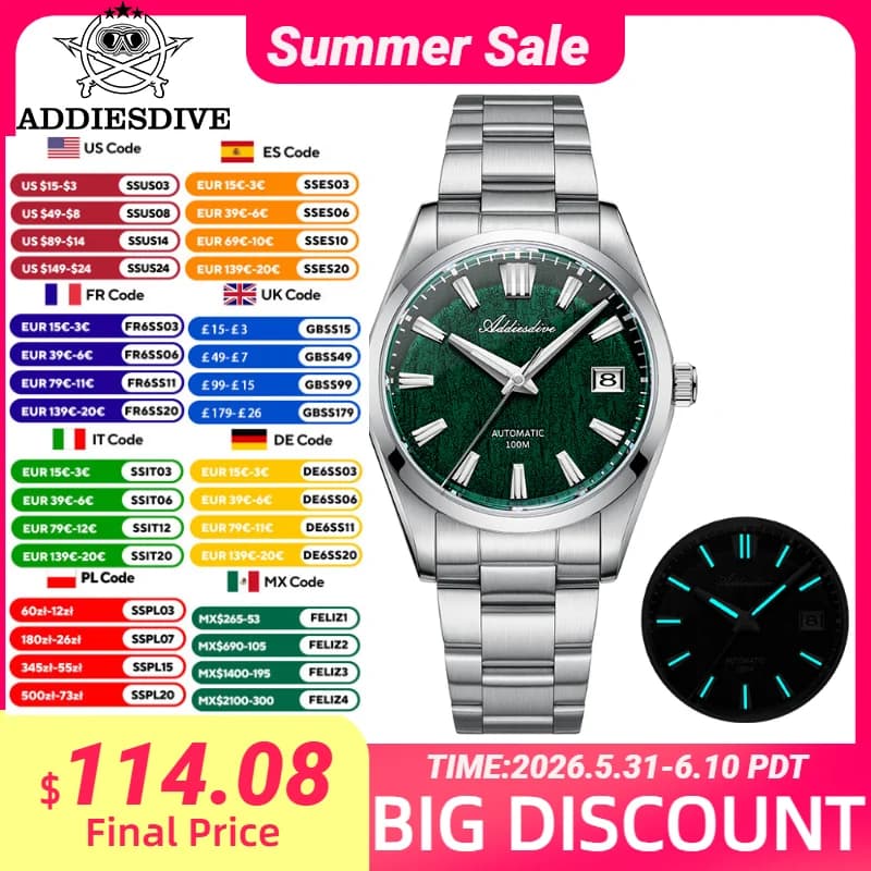ADDIESDIVE 39mm Orologio Meccanico da Uomo con Quadrante 3D Effetto Corteccia, Vetro Zaffiro, Impermeabile 10 Bar, Luminoso Blu BGW9, Automatico AD2075