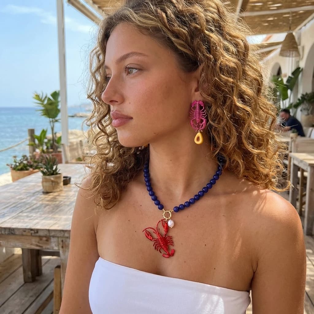 Set di Gioielli Divertenti a Forma di Aragosta, Collana con Perline e Orecchini Pendenti per Donne, Accessori Carini per Vacanze al Mare in Stile Boho