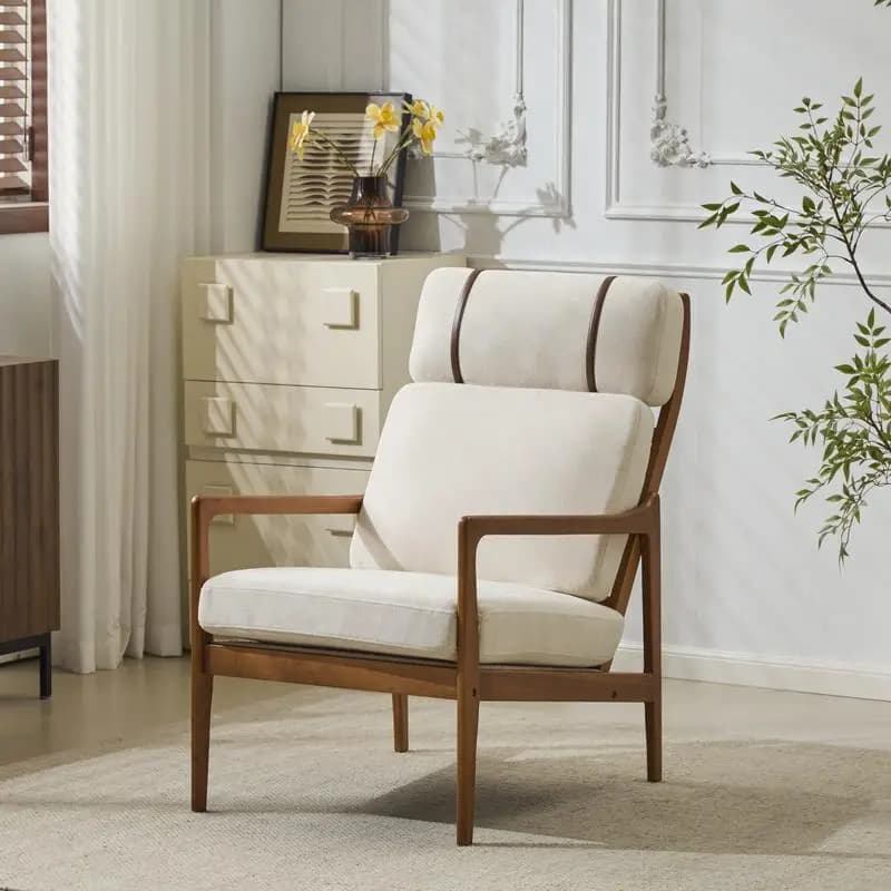 Mid-Century modern accent armchair, solid wood frame, high backrest, beige upholstered cushions, ergonomic lounge chair for living room