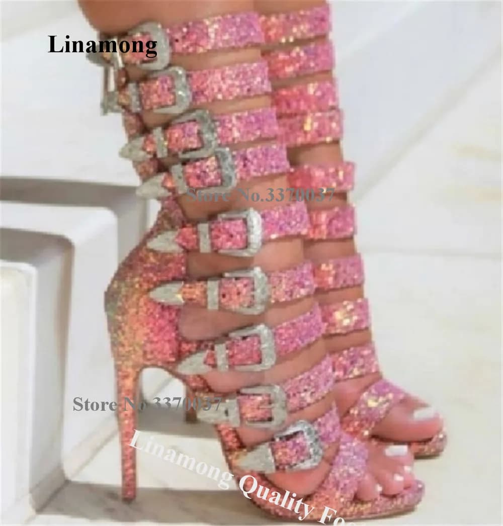 Linamong Sandali Gladiator Corti con Tacco a Spillo Rosa Scintillante, Punta Aperta, Paillettes, Cinturini e Fibbie Metalliche