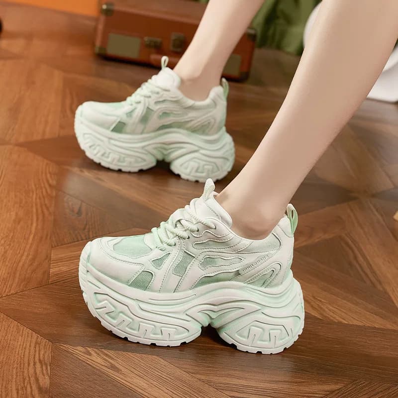 2026 Summer Women's 9CM Height Increasing Shoes Hollow Mesh Breathable Dad Sneakers Chunky Platform Casual Footwear