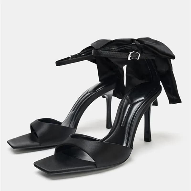 Luxury Satin Bowknot High Heels Women 2026 New Square Toe Ankle Strap Sandals Female Open Toe Elegant Party Shoes Women Pumps