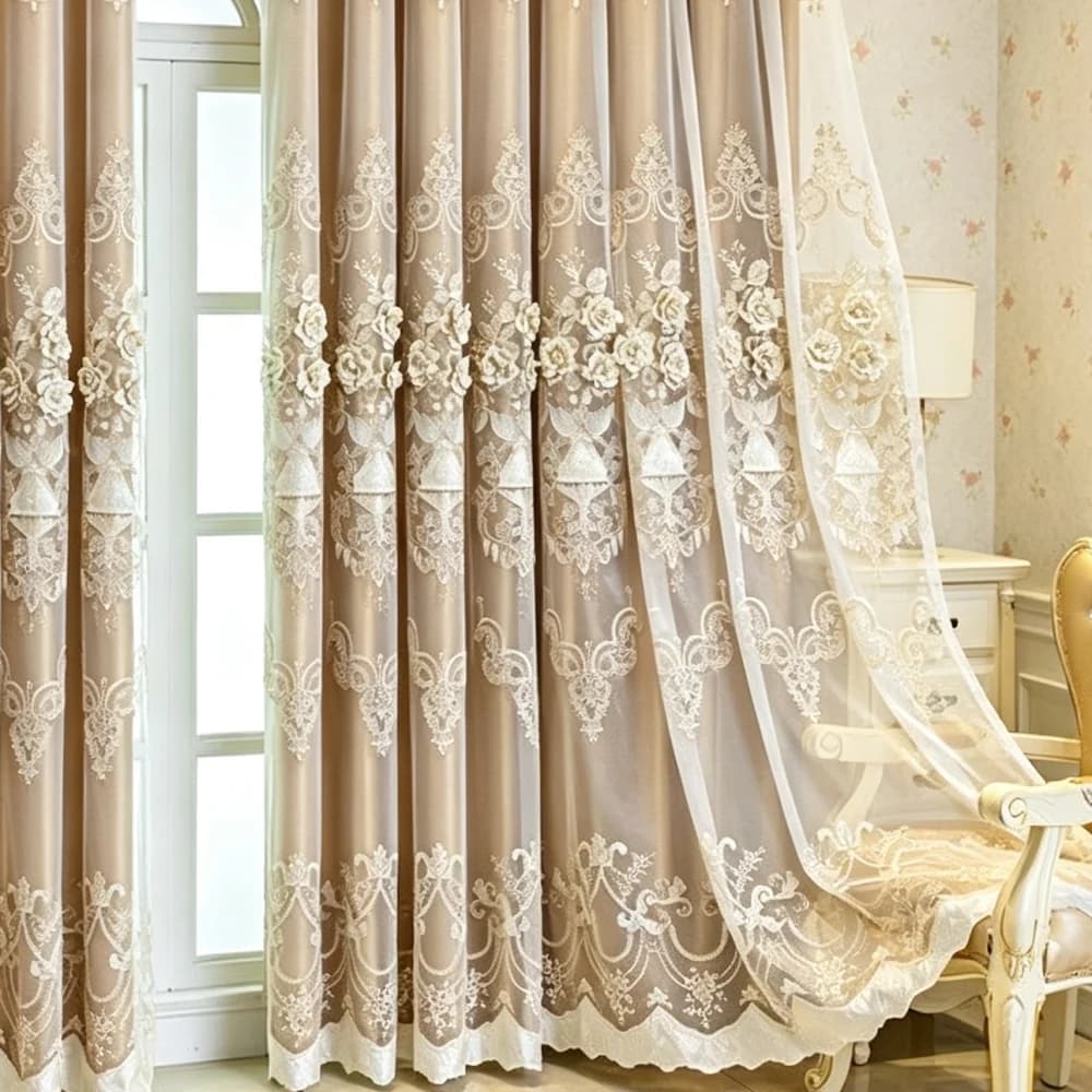 Luxury European Blackout Curtain with Sheer Thickened Double Layer Drapes 3D Embroidered Floral Pattern for Bedroom Living Room
