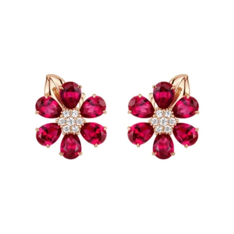 Orecchini Bellux in Argento 925 con Zirconi Sintetici, Gemme Rosse Champagne Gold, Rubino a Goccia d'Acqua, Orecchini con Charm a Fiore Completamente Diamantati