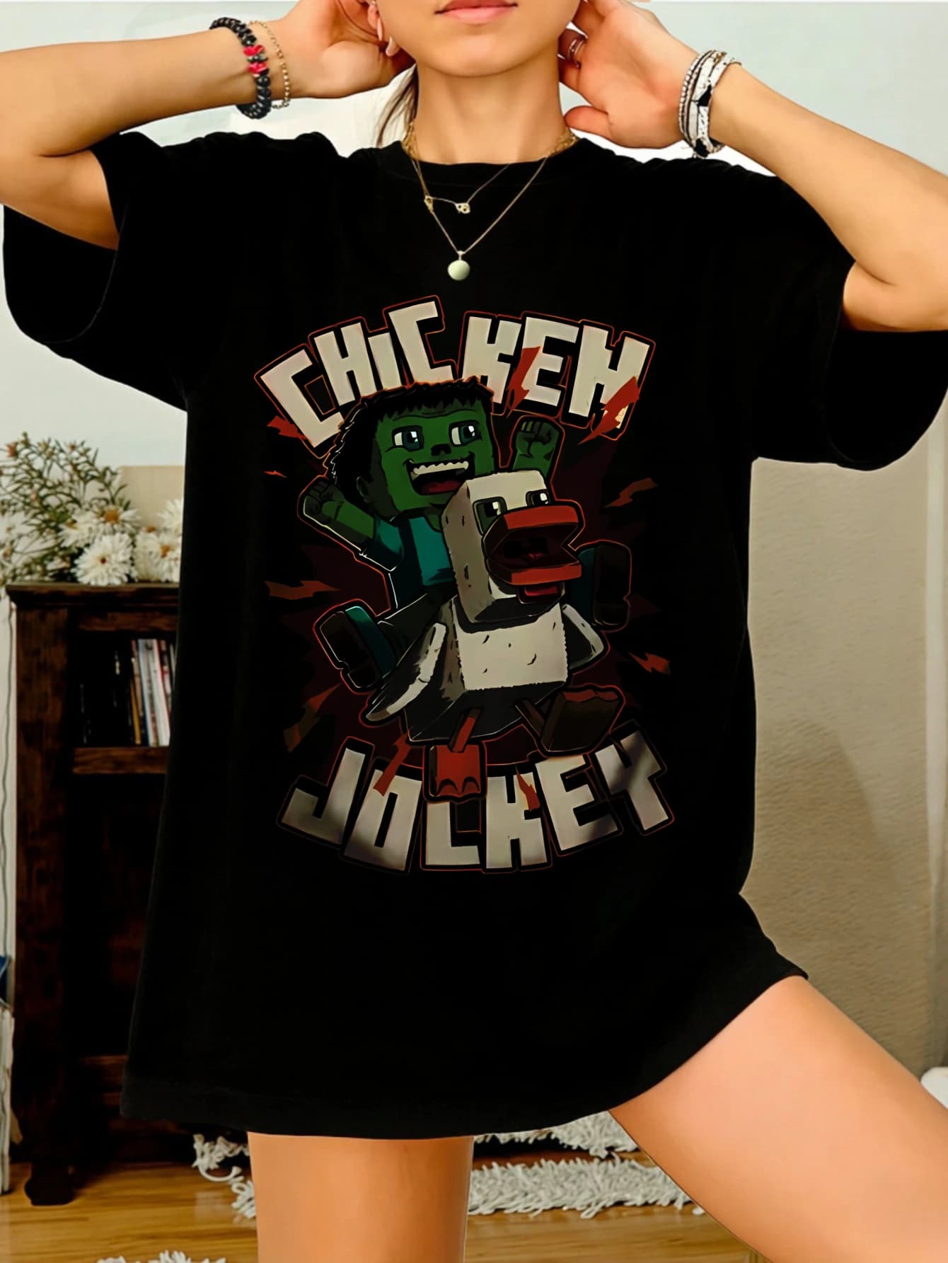 Women's oversize cotton t-shirt with fun graphics Chicken Jockey, short sleeves, for summer daily use