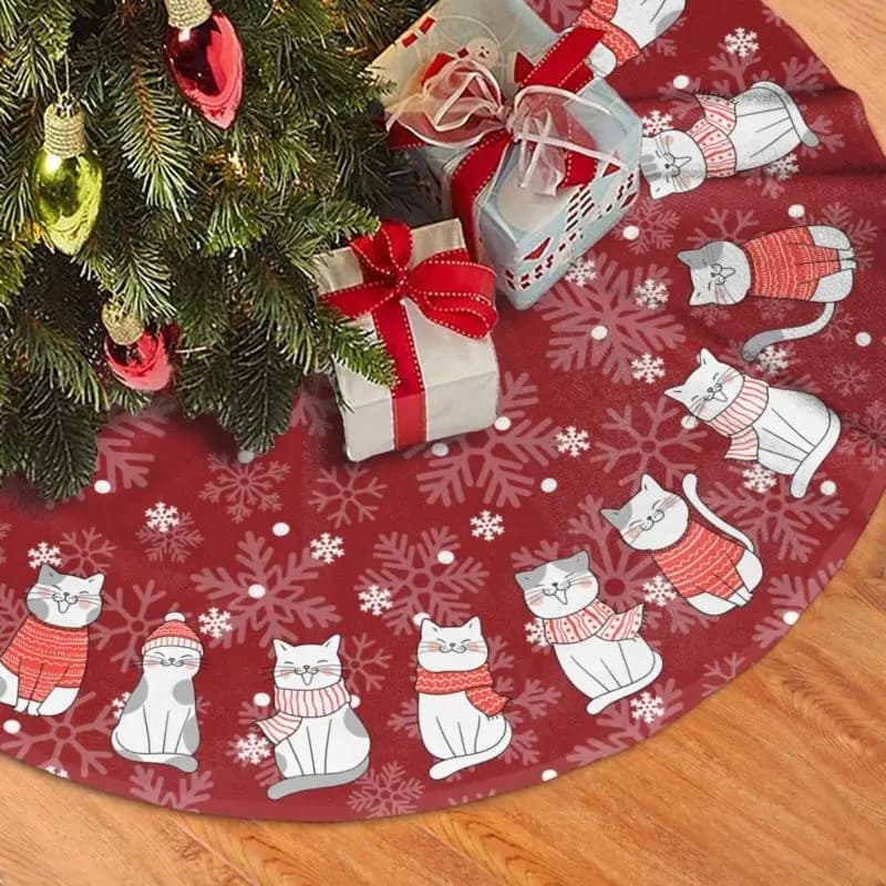 VIKAMA Christmas Tree Skirt White Cat Sweater Red Round Tree Base Mat Non Slip Christmas Holiday Decor