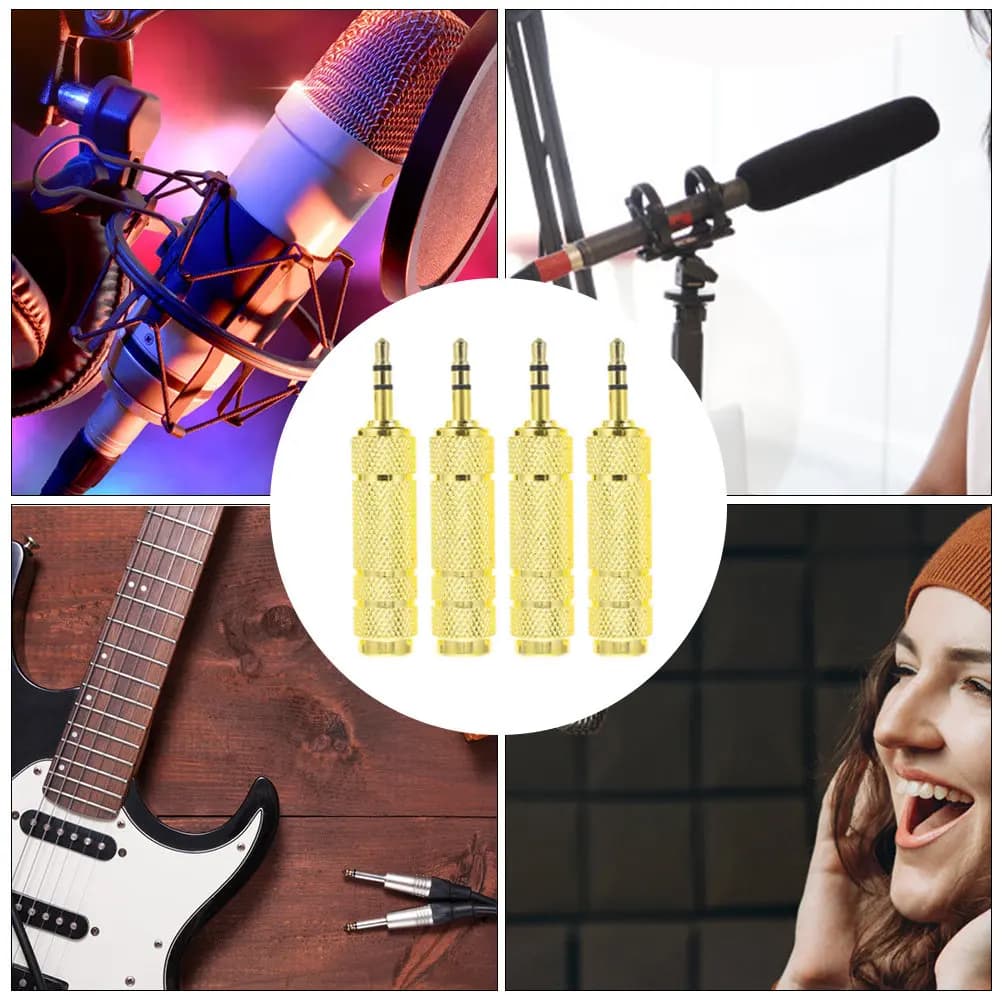 4-piece audio conversion adapter in zinc alloy, 3.5 mm male audio cable connector to 6.35 mm female, microphone and speaker converter