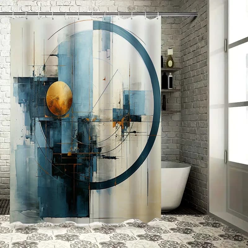 Tenda da doccia di arte astratta Design geometrico moderno blu oro per decorazioni da bagno Tappeto da bagno in tessuto impermeabile da 72 x 84 pollici