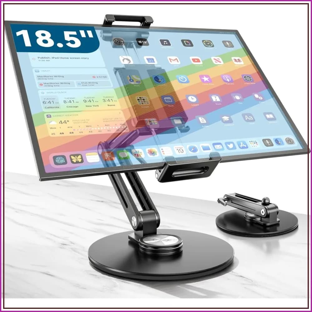 Portable Monitor Stand with Large Clamp, Heavy Duty Aluminum, Supports up to 4.4 lbs, 16"-18.5" 360° Rotating Base, Foldable Desk Stand for iPad/Tablet, Kitchen/Travel