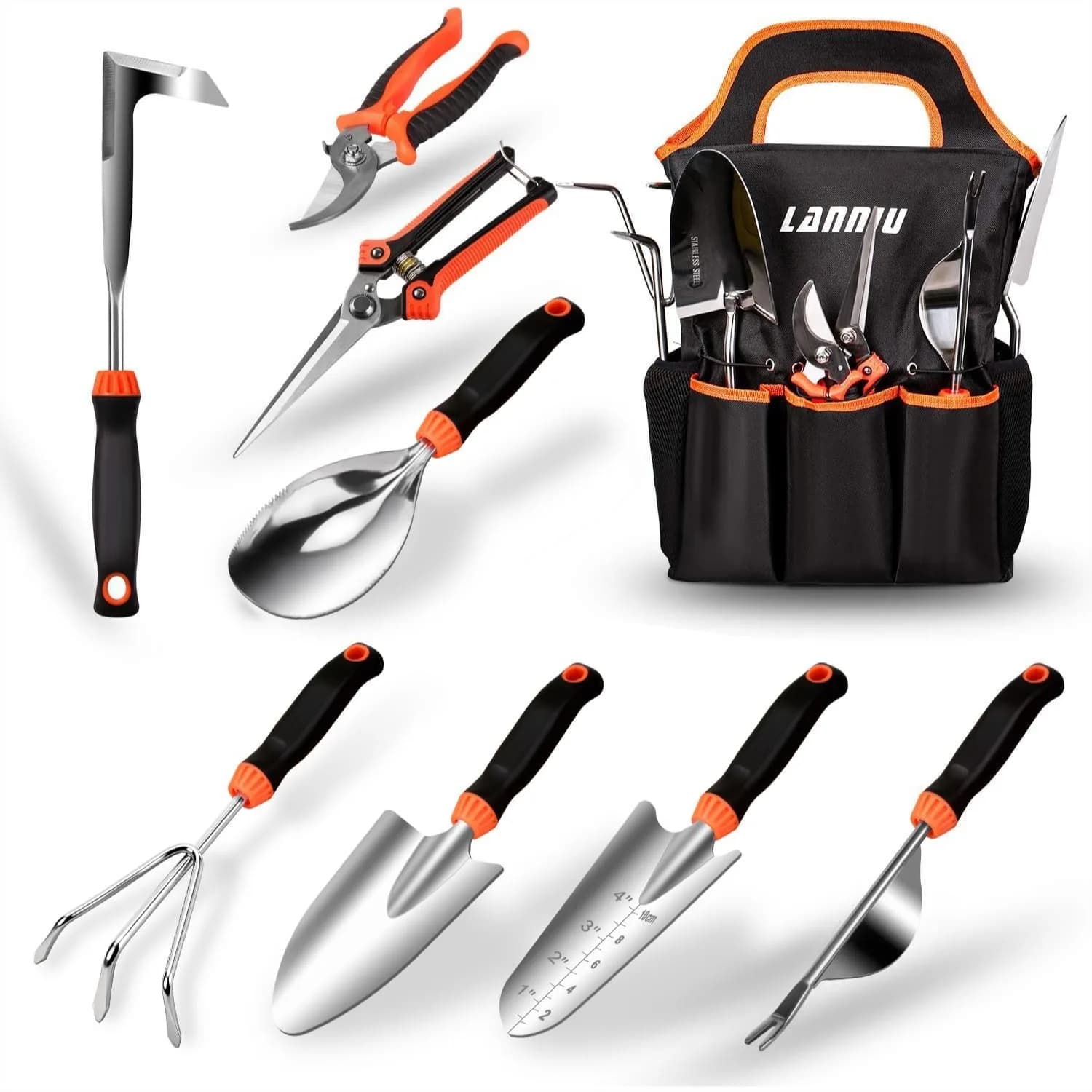Set di 9 Attrezzi da Giardino - Utensili Manuali in Acciaio Inossidabile Resistente con Impugnature Ergonomiche Antiscivolo in Gomma, Cesoie da Potatura, Paletta