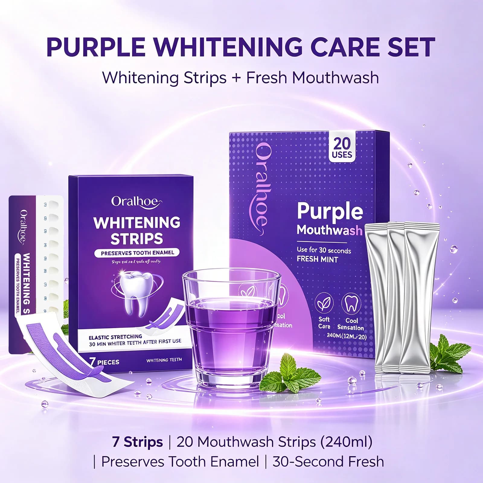 Purple Whitening Care Set 7 Whitening Strips + 20 Portable Purple Mouthwash Strips Enamel Safe Teeth Brightening & Fresh Breath