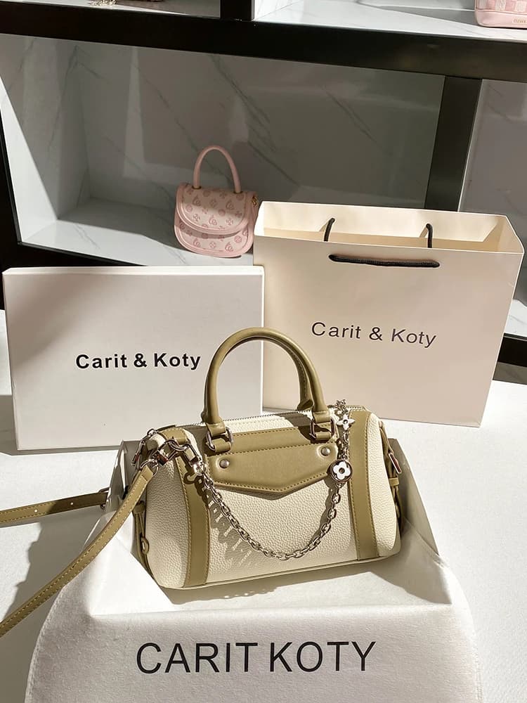 Women's New Fashion and Luxury Boston Handbag with Contrast Color and Stylish Chain Decoration High Quality and Shoulder Bag
