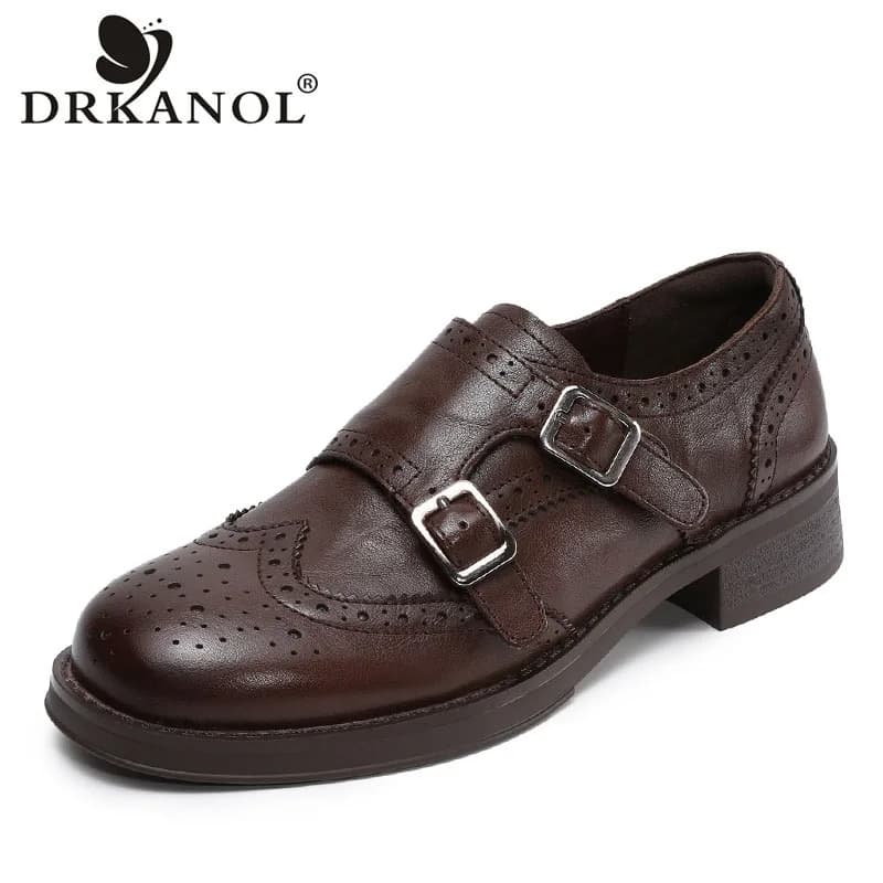 DRKANOL 2026 Mocassini Primaverili da Donna Fatti a Mano Vintage Scarpe Brogue Intagliate Punta Tonda Tacco Medio Spesso in Vera Pelle di Mucca Scarpe Casual