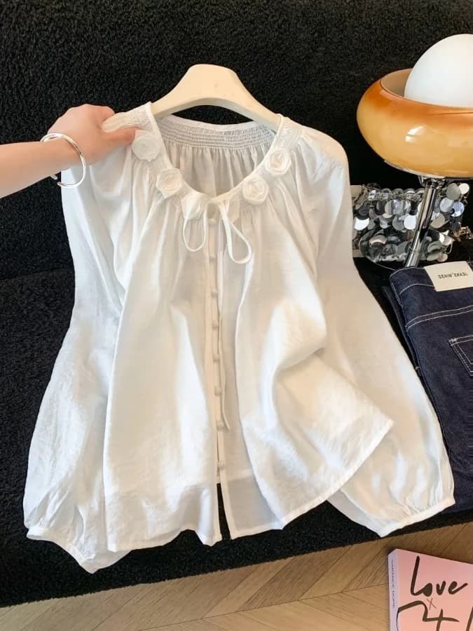 White Shirt with Rose Knot Belt, Women's Spring Fashion, New Design, Solar Protection, Long Sleeved Tops, Fashionable Korean Style