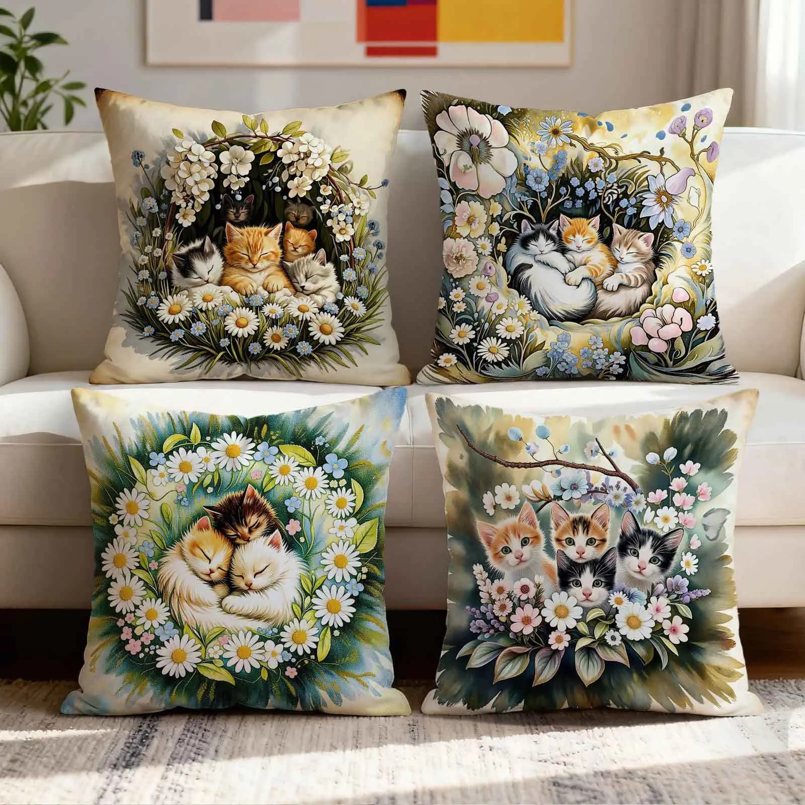 Cuscino per gatti accogliente con stampa digitale a forma di ghirlanda, in peluche corto, adatto per soggiorni, camere da letto, divani, come federa per cuscino decorativo.