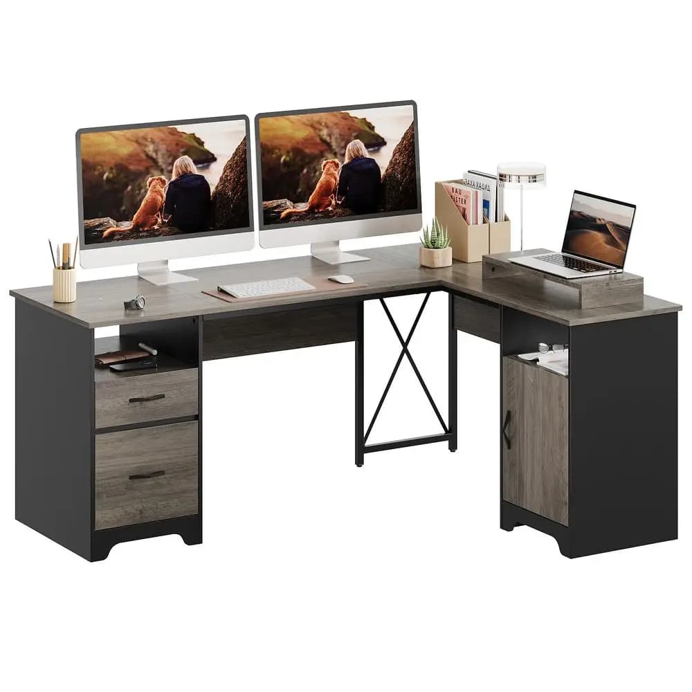 Scrivania a L con cassetti portadocumenti, scrivania per computer da ufficio 63 x 47 con armadietto contenitore, scrivania angolare con supporto per monitor e divisorio