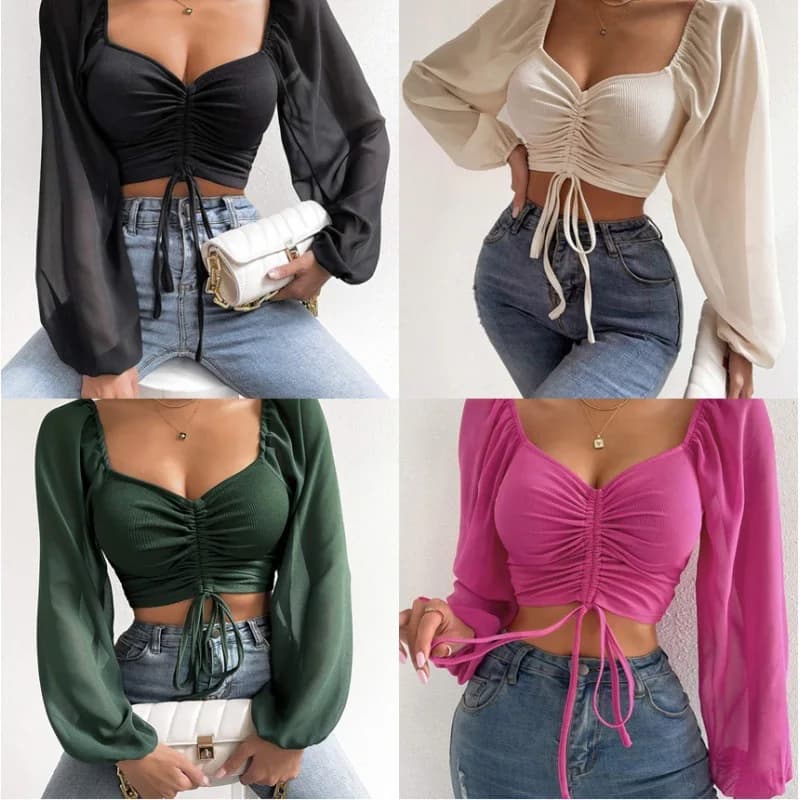 Donna Primavera Autunno Manica lunga a sbuffo Top Tees Chiffon allentato Maglia Profondo scollo a V T-shirt Moda Solid Casual Shirring T-shirt